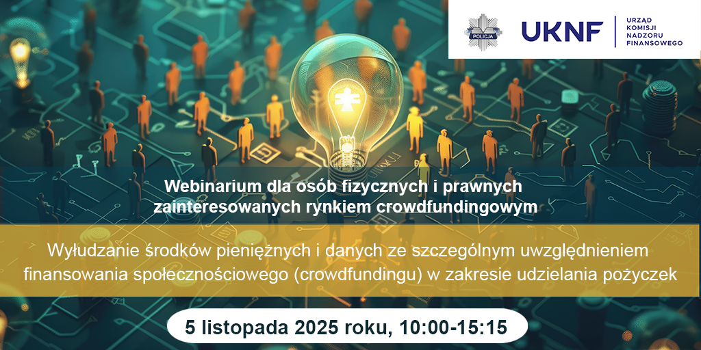Grafika przedstawia plakat promujący webinarium na temat wyłudzeń.