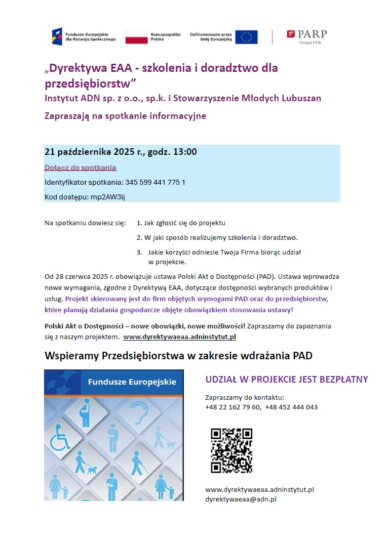 Grafika przedstawia plakat promujący szkolenia nt. dyrektywy EAA