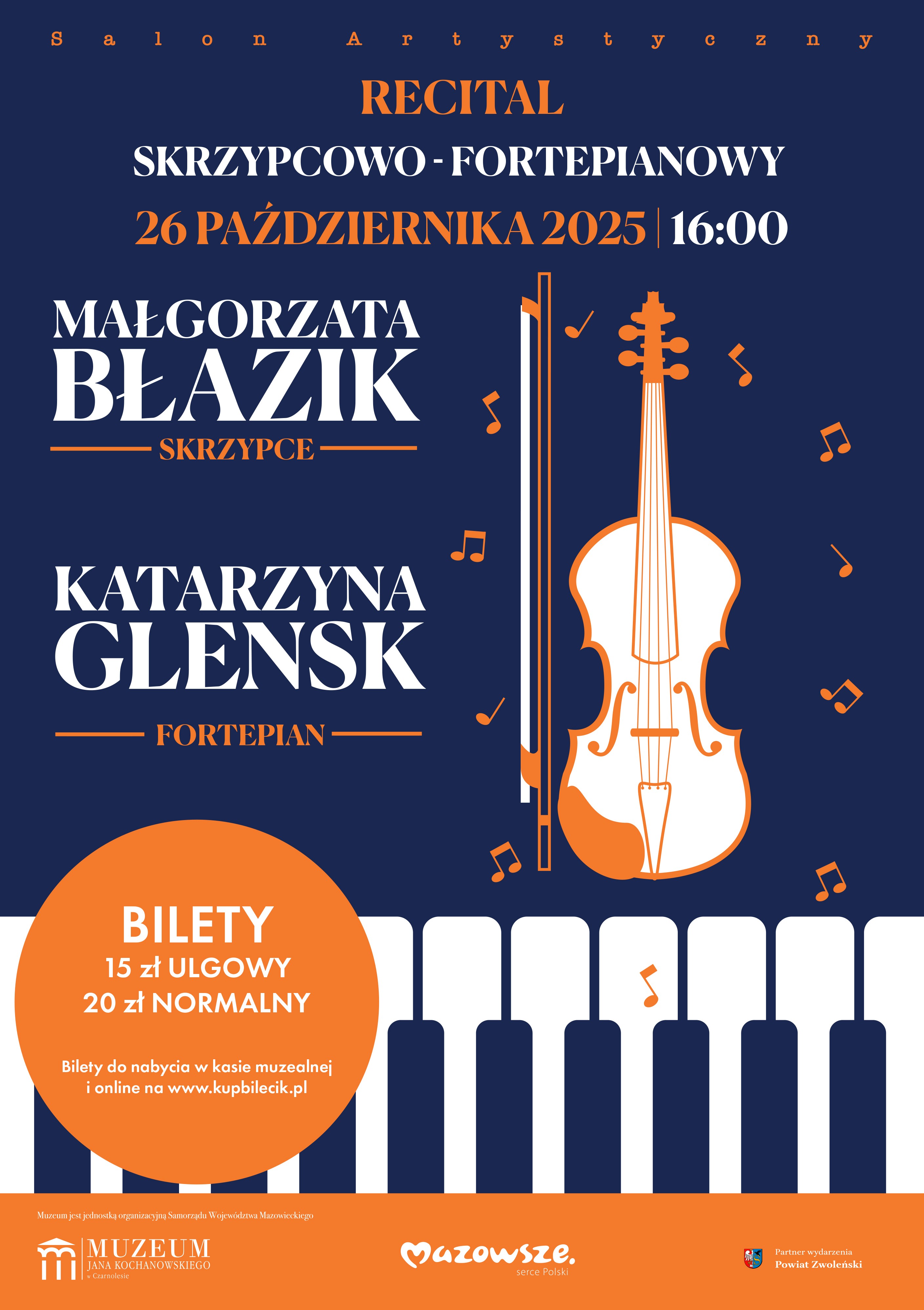 Grafika przedstawia plakat promujący recital skrzypcowo-fortepianowy.