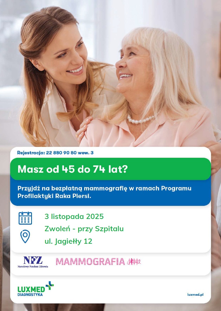 Grafika przedstawia plakat o bezpłatnej mammografii