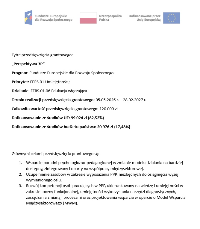 Grafika przedstawia plakat informacyjny z inwestycji w Pracowni Psychologiczno-Pedagogicznej