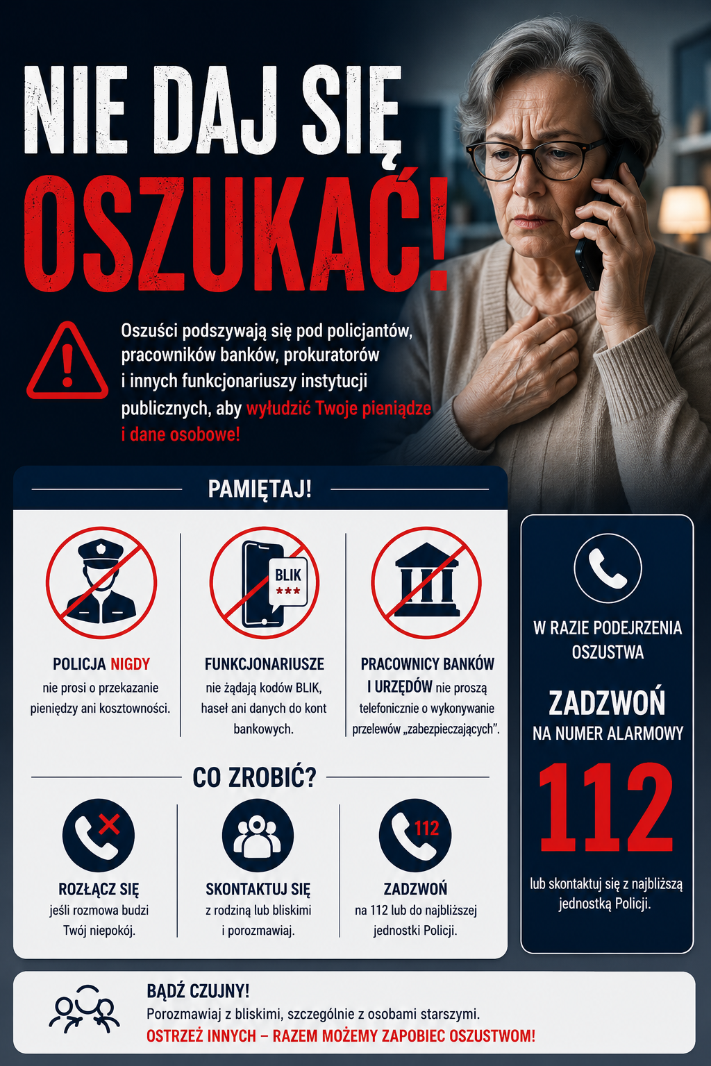 Grafika przedstawia plakat informujący o cyberoszustwach