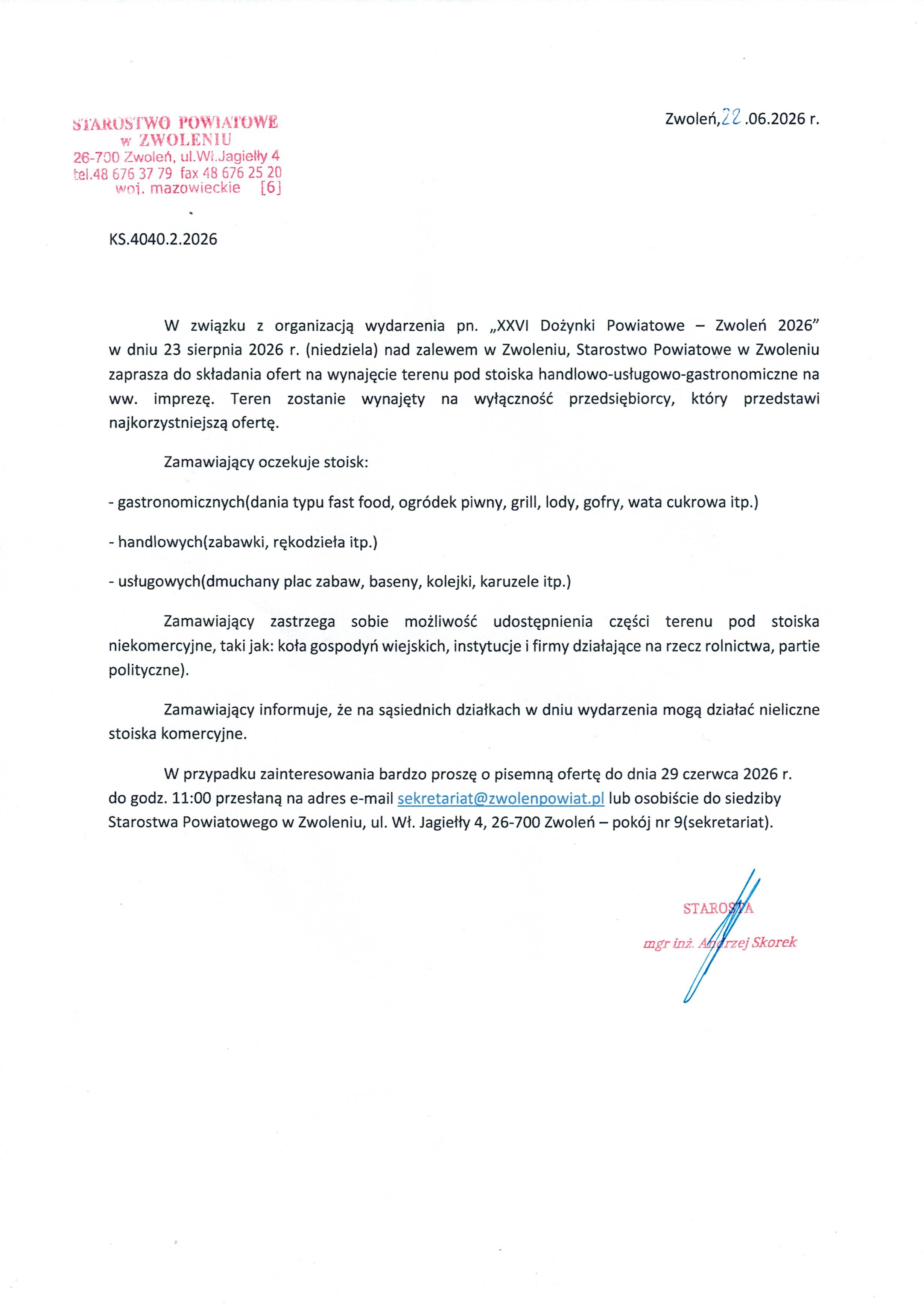 Zaproszenie do składania ofert. grafika przedstawia aproszenie do składania ofert na wynajęcie terenu na XXVI Dożynki Powiatowe - Zwoleń 2026.