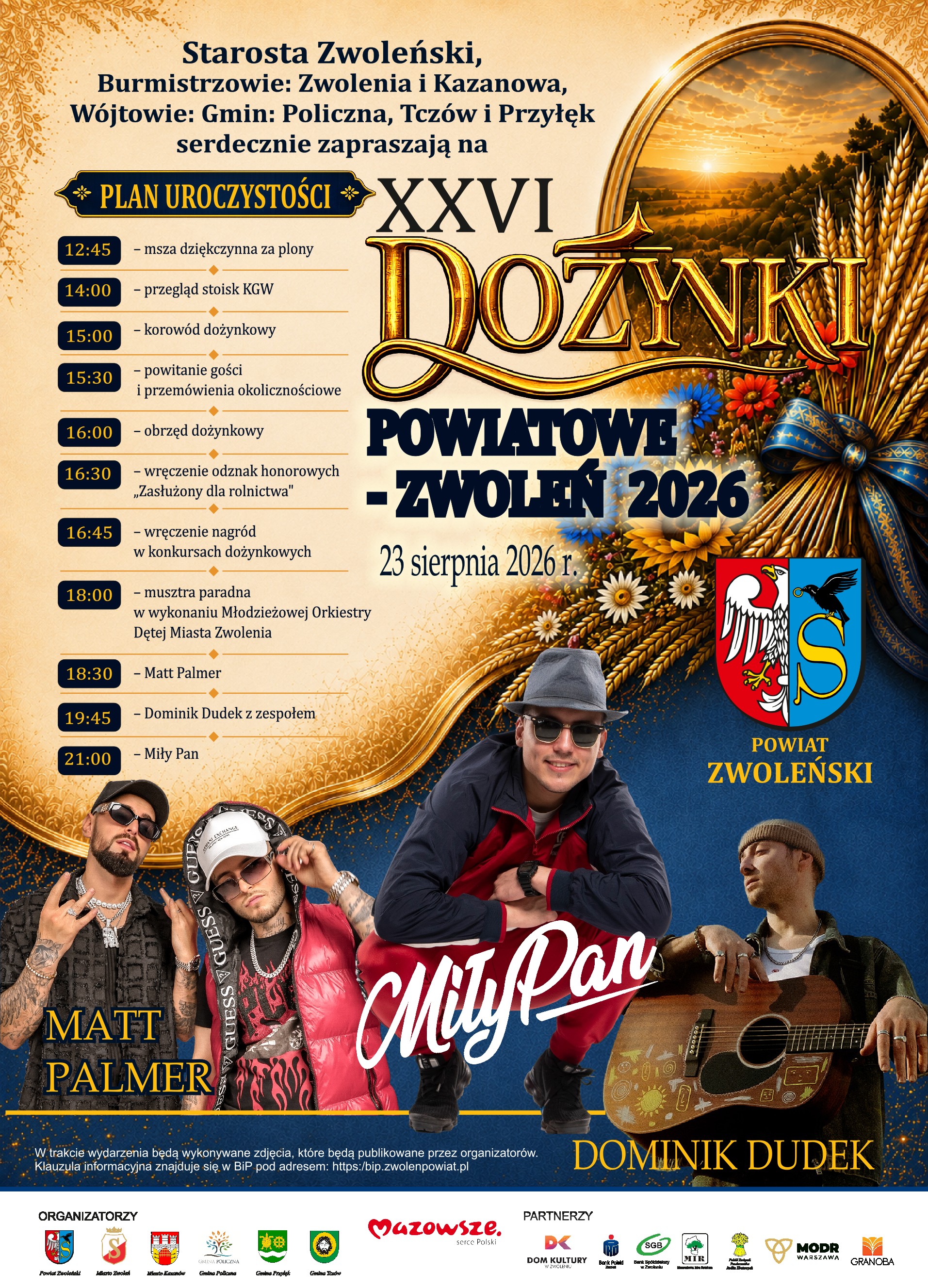 XXVI Dożynki Powiatowe - Zwoleń 2026 Grafika przedstawia plakat XXVI Dożynek Powiatowych - Zwoleń 2026