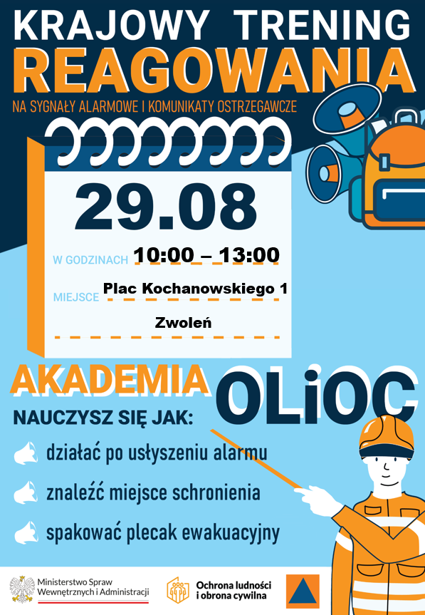 Krajowy trening reagowania plakat. Krajowy trening reagowania na sygnały alarmowe i komunikaty ostrzegawcze, dnia 29 sierpnia w godzinach 10:00 - 13:00, Plac Kochanowskiego 1, Zwoleń 26-700